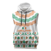 Ireland Christmas Sleeveless Hoodie with Celtic Knot Shamrock and Tricolor Holiday Pattern - Wonder Print Shop