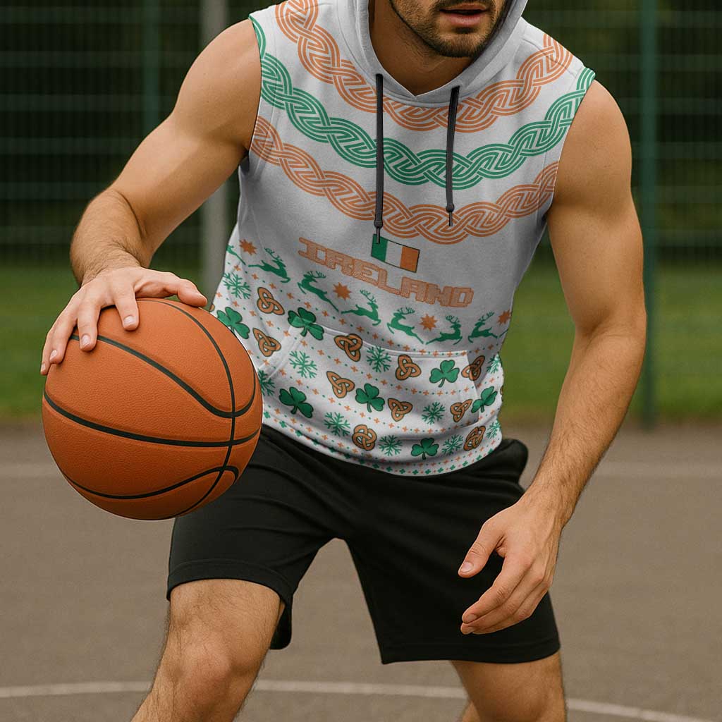 Ireland Christmas Sleeveless Hoodie with Celtic Knot Shamrock and Tricolor Holiday Pattern - Wonder Print Shop