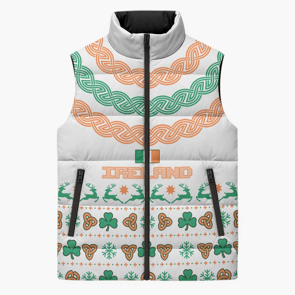 Ireland Christmas Sleeveless Puffer Jacket with Celtic Knot Shamrock and Tricolor Holiday Pattern - Wonder Print Shop