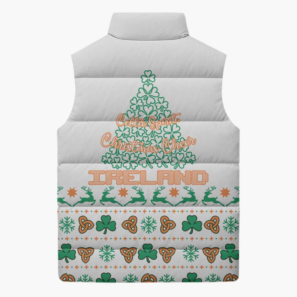 Ireland Christmas Sleeveless Puffer Jacket with Celtic Knot Shamrock and Tricolor Holiday Pattern - Wonder Print Shop