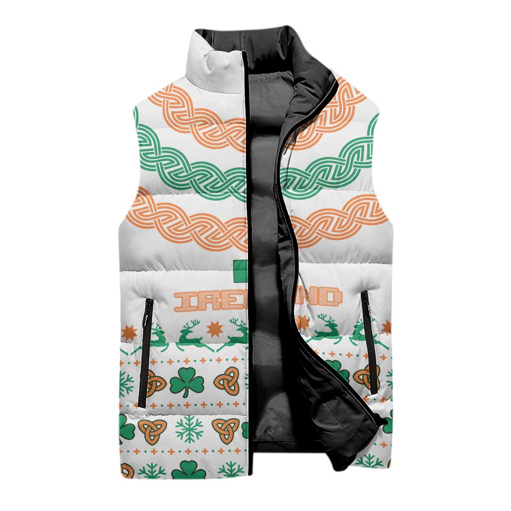 Ireland Christmas Sleeveless Puffer Jacket with Celtic Knot Shamrock and Tricolor Holiday Pattern - Wonder Print Shop