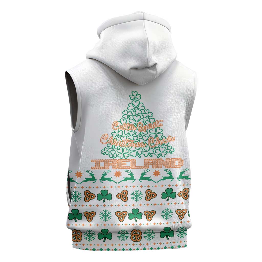 Ireland Christmas Sleeveless Zip Hoodie with Celtic Knot Shamrock and Tricolor Holiday Pattern - Wonder Print Shop