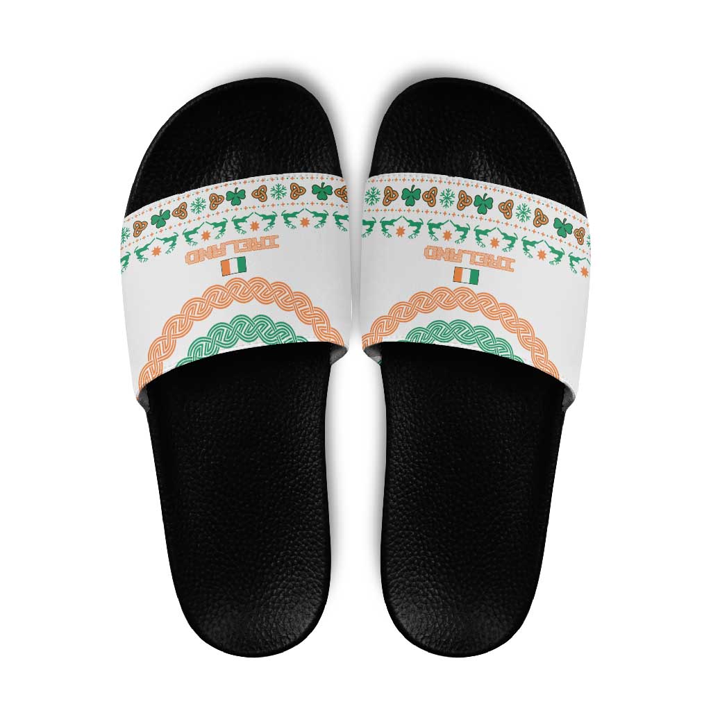 Ireland Christmas Slide Sandals with Celtic Knot Shamrock and Tricolor Holiday Pattern - Wonder Print Shop
