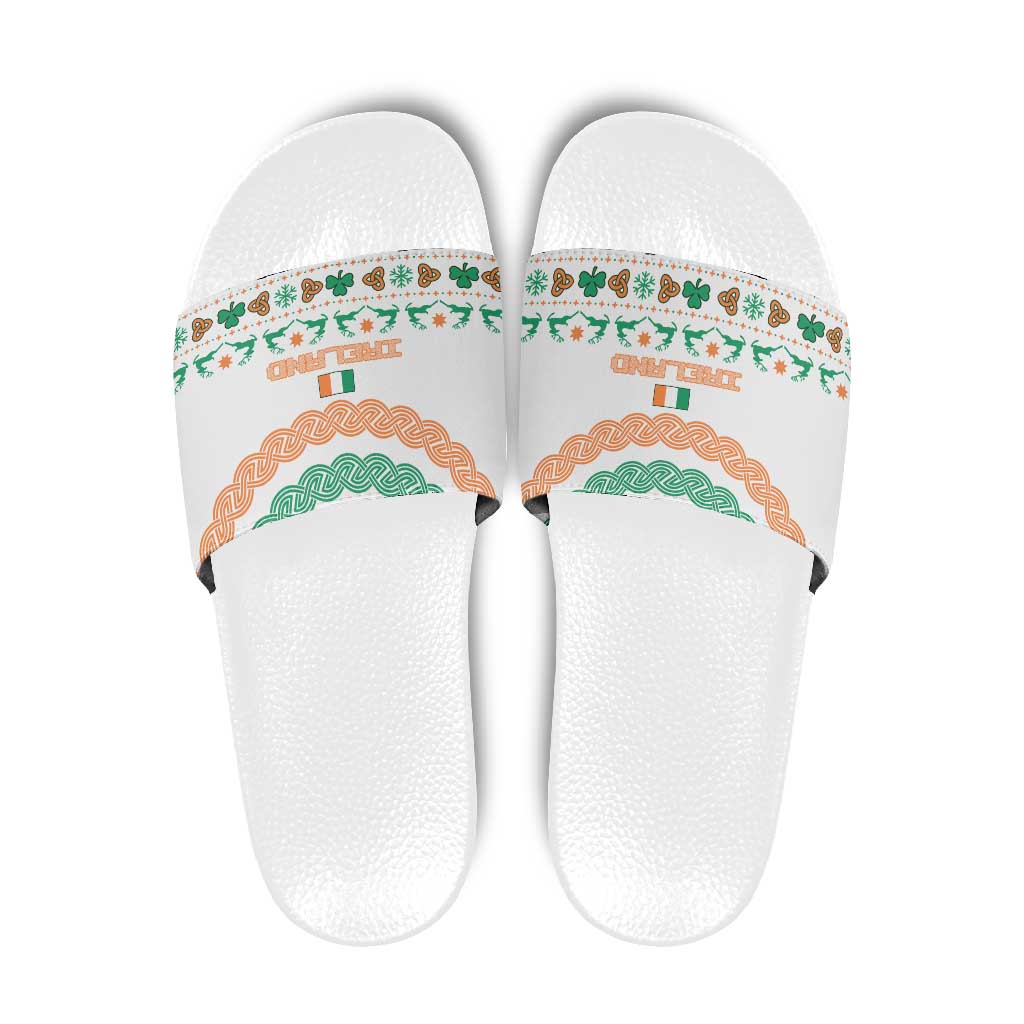 Ireland Christmas Slide Sandals with Celtic Knot Shamrock and Tricolor Holiday Pattern - Wonder Print Shop