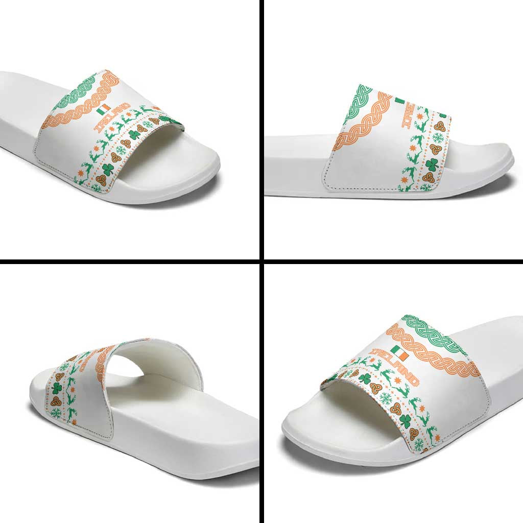 Ireland Christmas Slide Sandals with Celtic Knot Shamrock and Tricolor Holiday Pattern - Wonder Print Shop