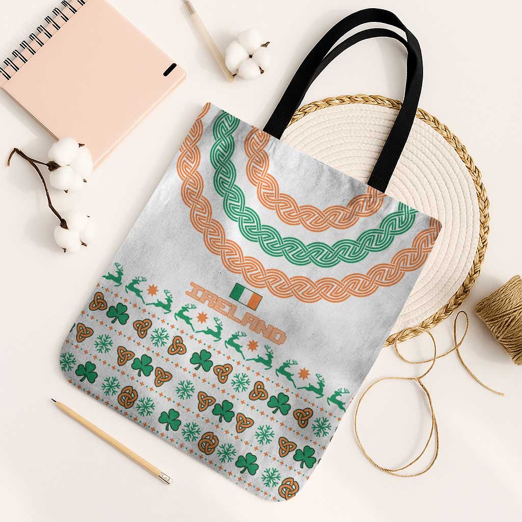 Ireland Christmas Tote Bag with Celtic Knot Shamrock and Tricolor Holiday Pattern - Wonder Print Shop