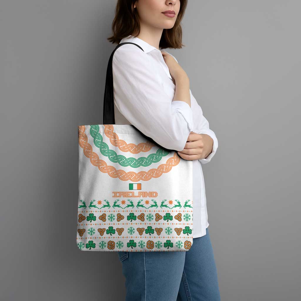 Ireland Christmas Tote Bag with Celtic Knot Shamrock and Tricolor Holiday Pattern - Wonder Print Shop