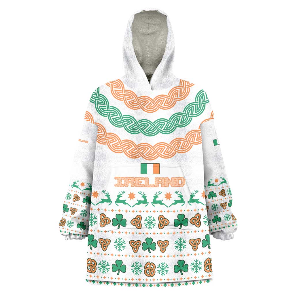 Ireland Christmas Wearable Blanket Hoodie with Celtic Knot Shamrock and Tricolor Holiday Pattern - Wonder Print Shop