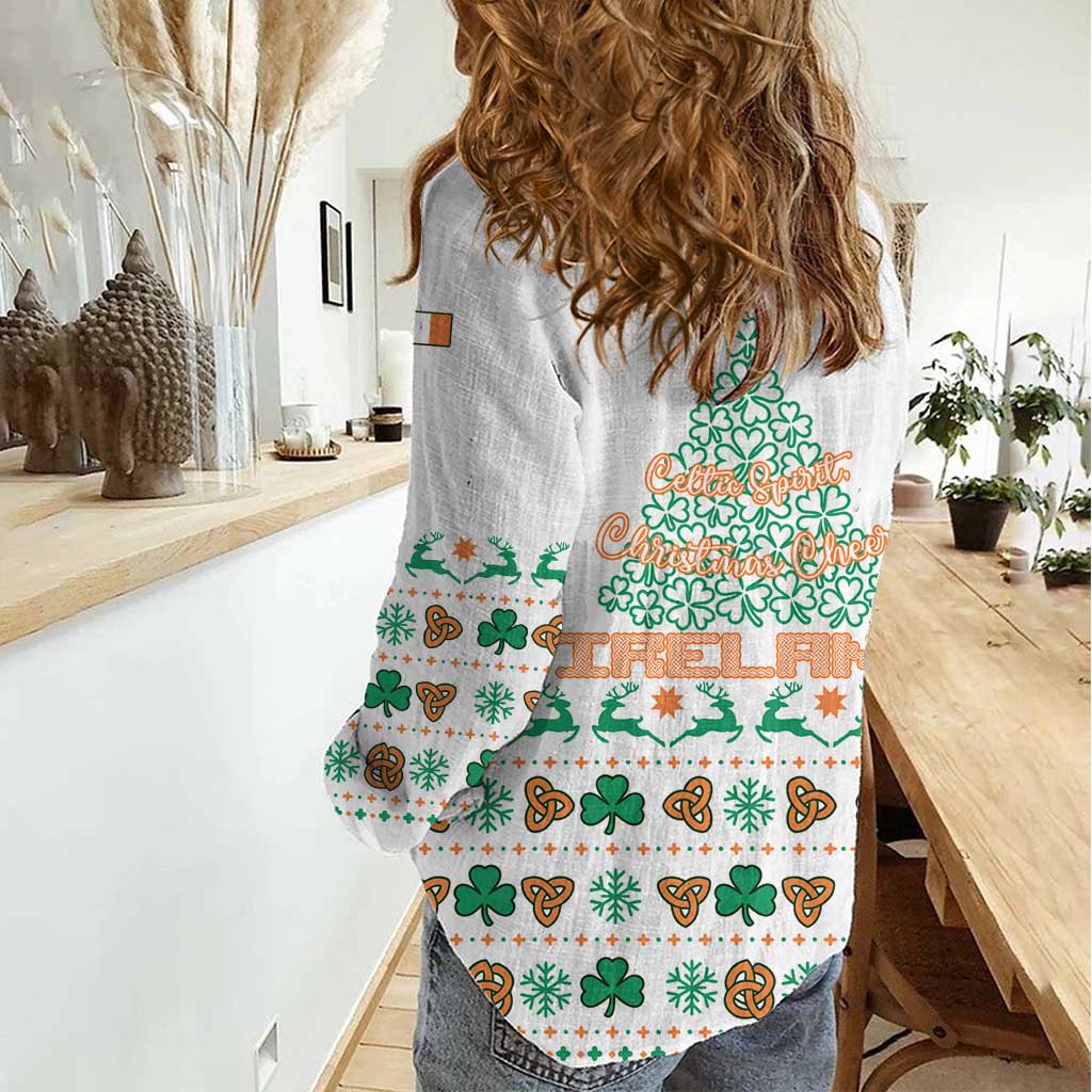 Ireland Christmas Women Casual Shirt with Celtic Knot Shamrock and Tricolor Holiday Pattern - Wonder Print Shop