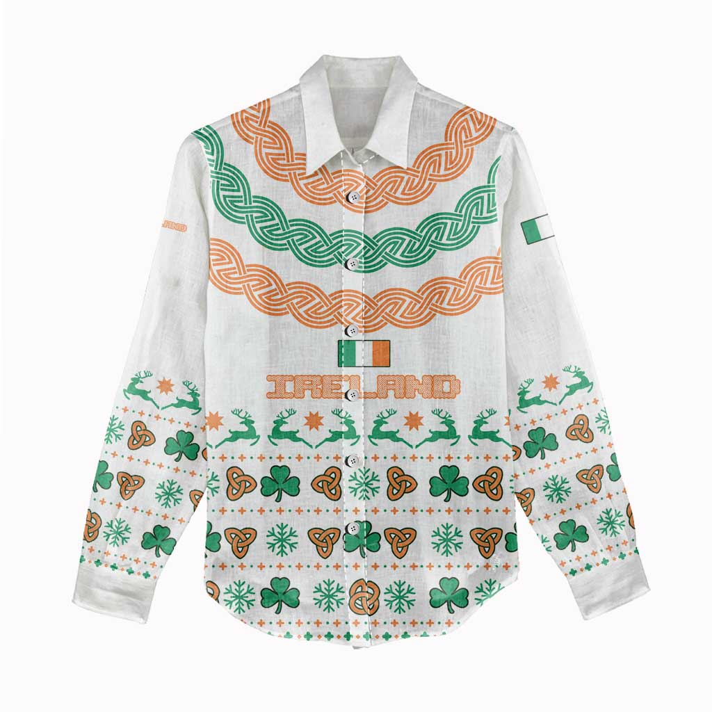Ireland Christmas Women Casual Shirt with Celtic Knot Shamrock and Tricolor Holiday Pattern - Wonder Print Shop