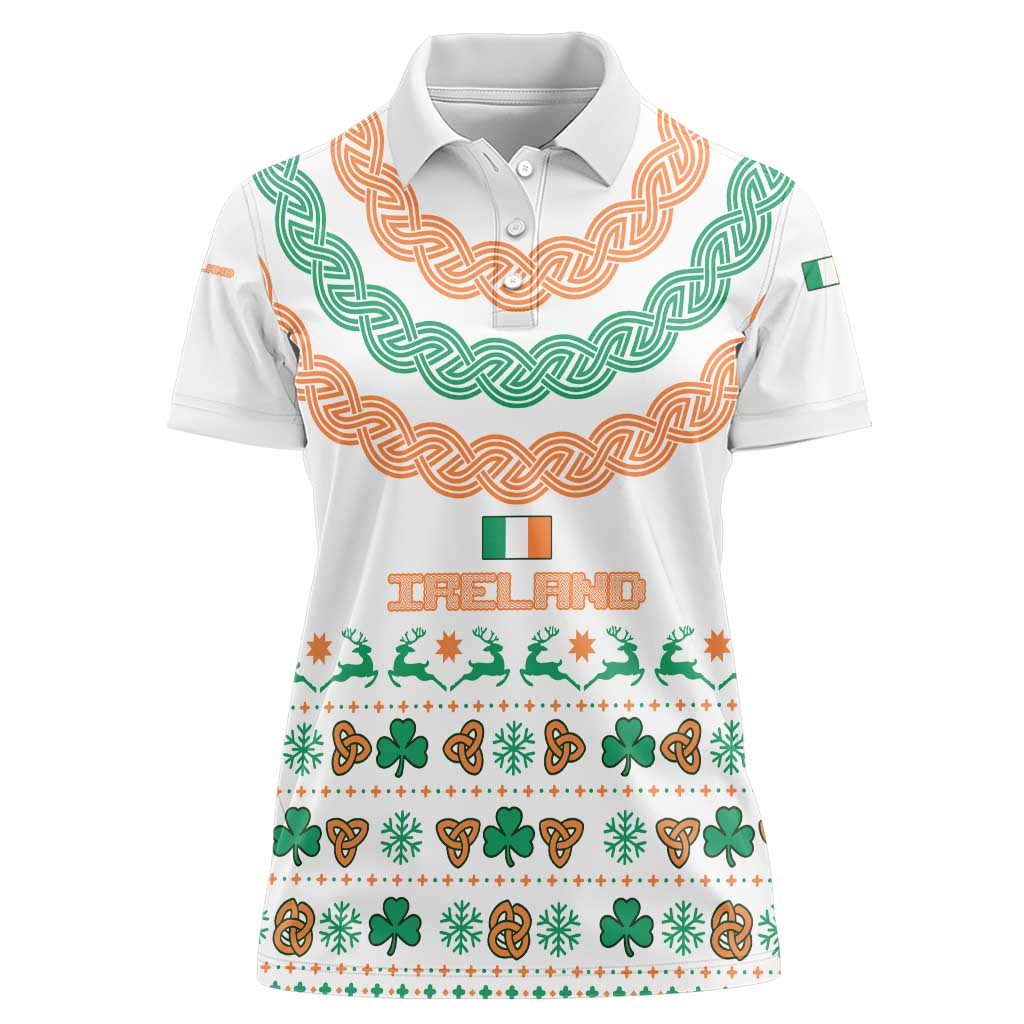 Ireland Christmas Women Polo Shirt with Celtic Knot Shamrock and Tricolor Holiday Pattern - Wonder Print Shop