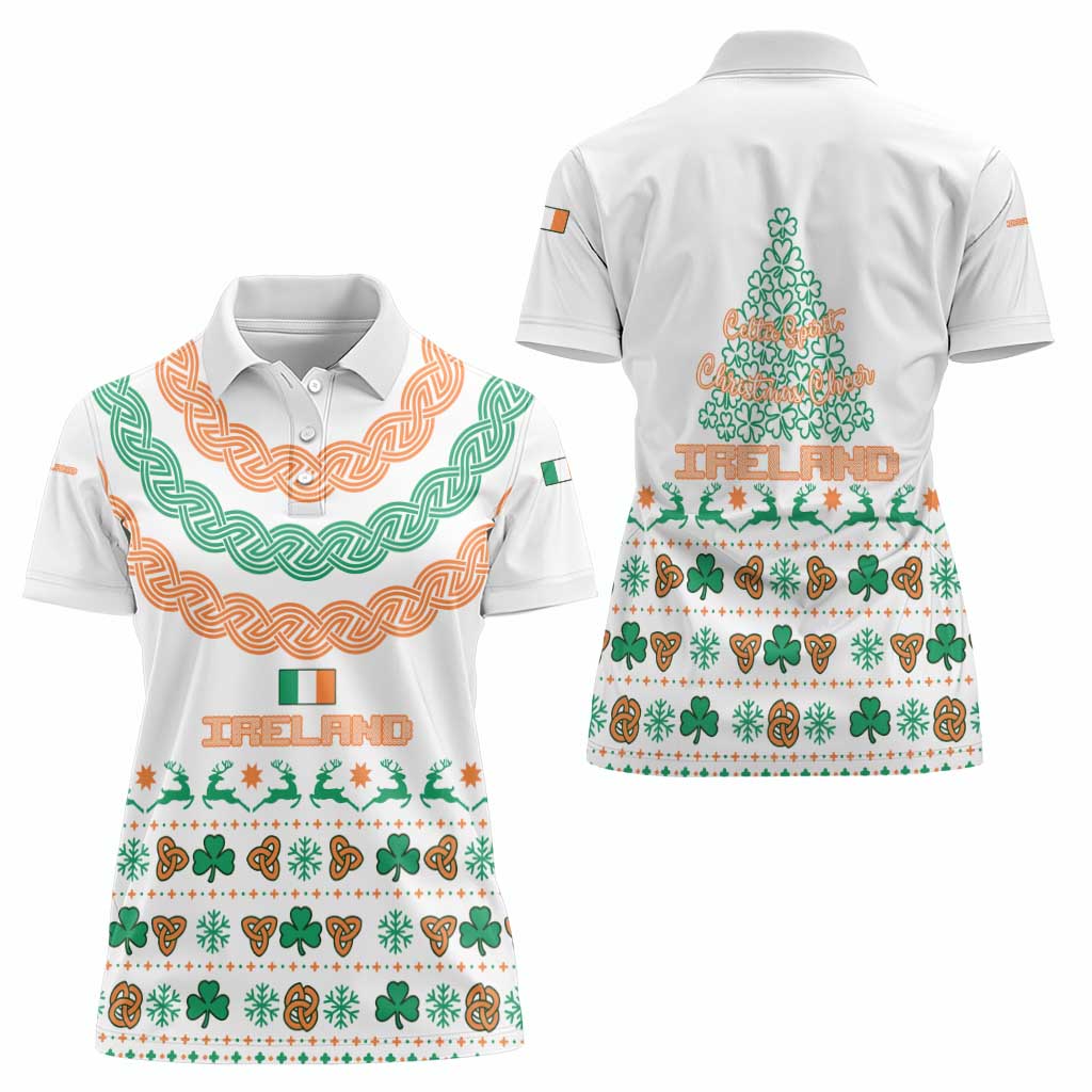 Ireland Christmas Women Polo Shirt with Celtic Knot Shamrock and Tricolor Holiday Pattern - Wonder Print Shop