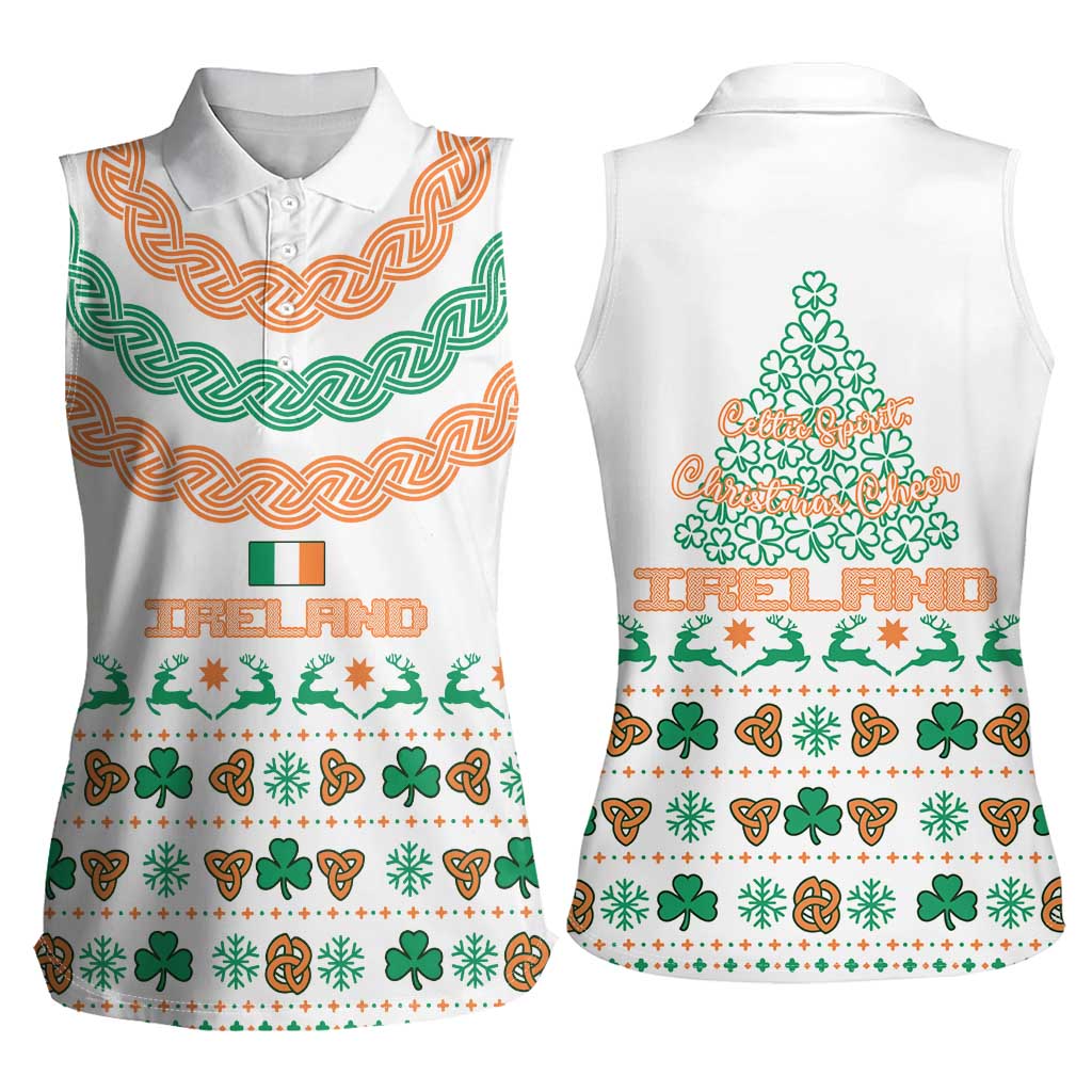 Ireland Christmas Women Sleeveless Polo Shirt with Celtic Knot Shamrock and Tricolor Holiday Pattern - Wonder Print Shop