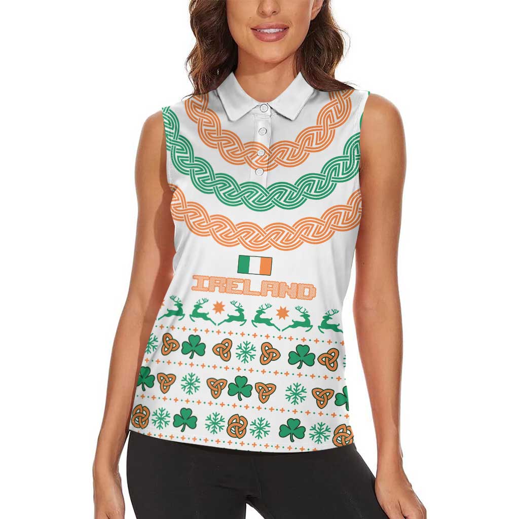 Ireland Christmas Women Sleeveless Polo Shirt with Celtic Knot Shamrock and Tricolor Holiday Pattern - Wonder Print Shop