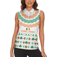 Ireland Christmas Women Sleeveless Polo Shirt with Celtic Knot Shamrock and Tricolor Holiday Pattern - Wonder Print Shop