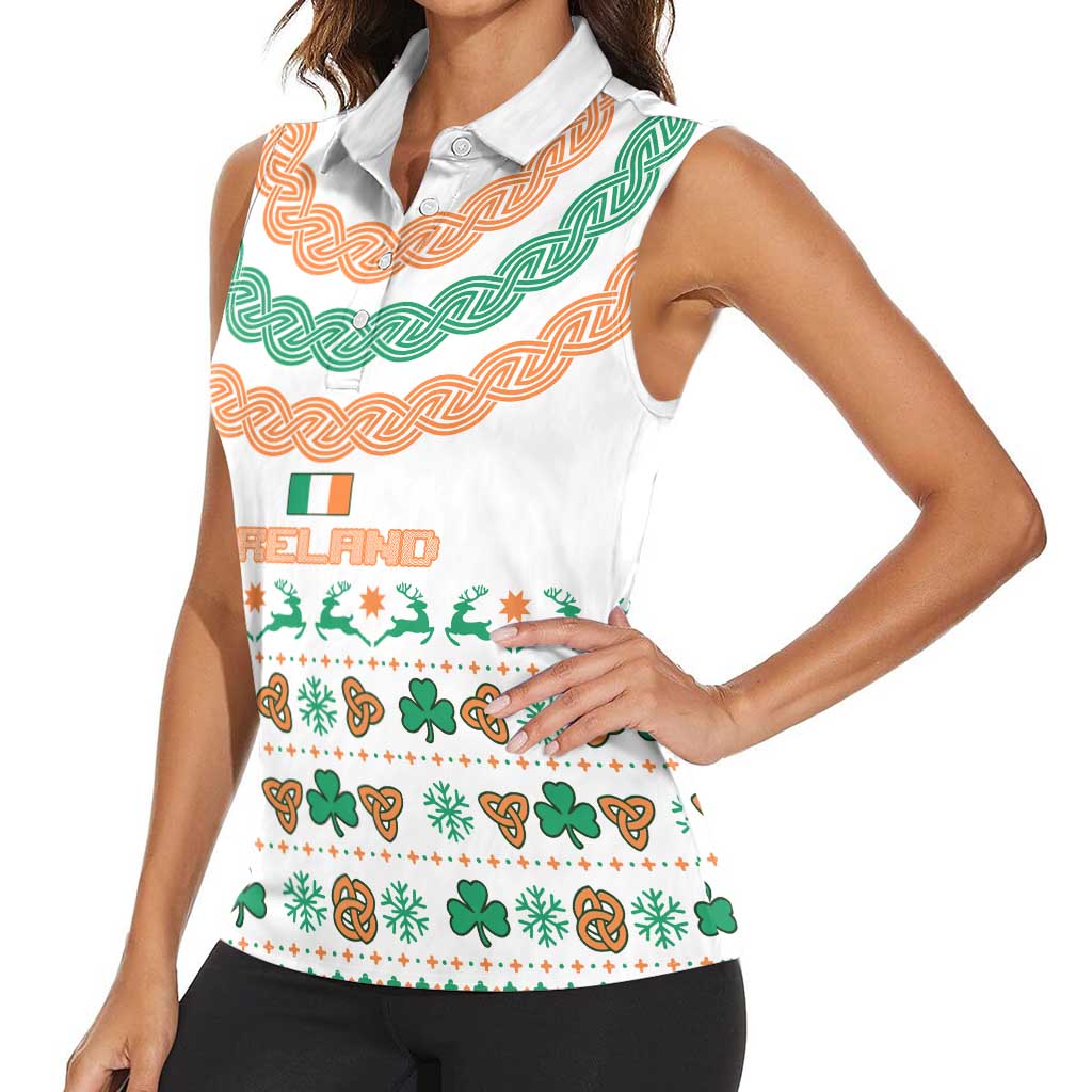 Ireland Christmas Women Sleeveless Polo Shirt with Celtic Knot Shamrock and Tricolor Holiday Pattern - Wonder Print Shop