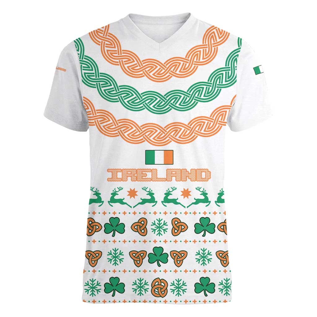 Ireland Christmas Women V-Neck T-Shirt with Celtic Knot Shamrock and Tricolor Holiday Pattern - Wonder Print Shop