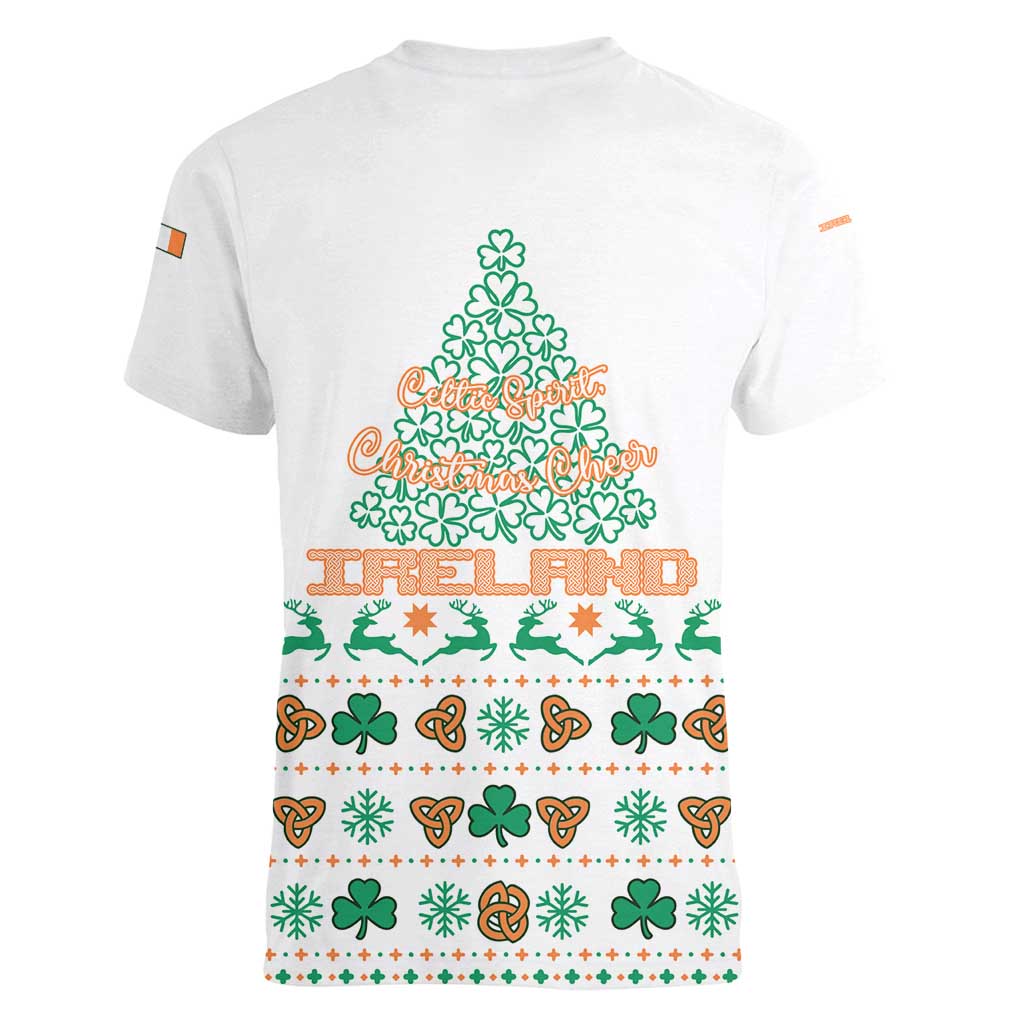 Ireland Christmas Women V-Neck T-Shirt with Celtic Knot Shamrock and Tricolor Holiday Pattern - Wonder Print Shop