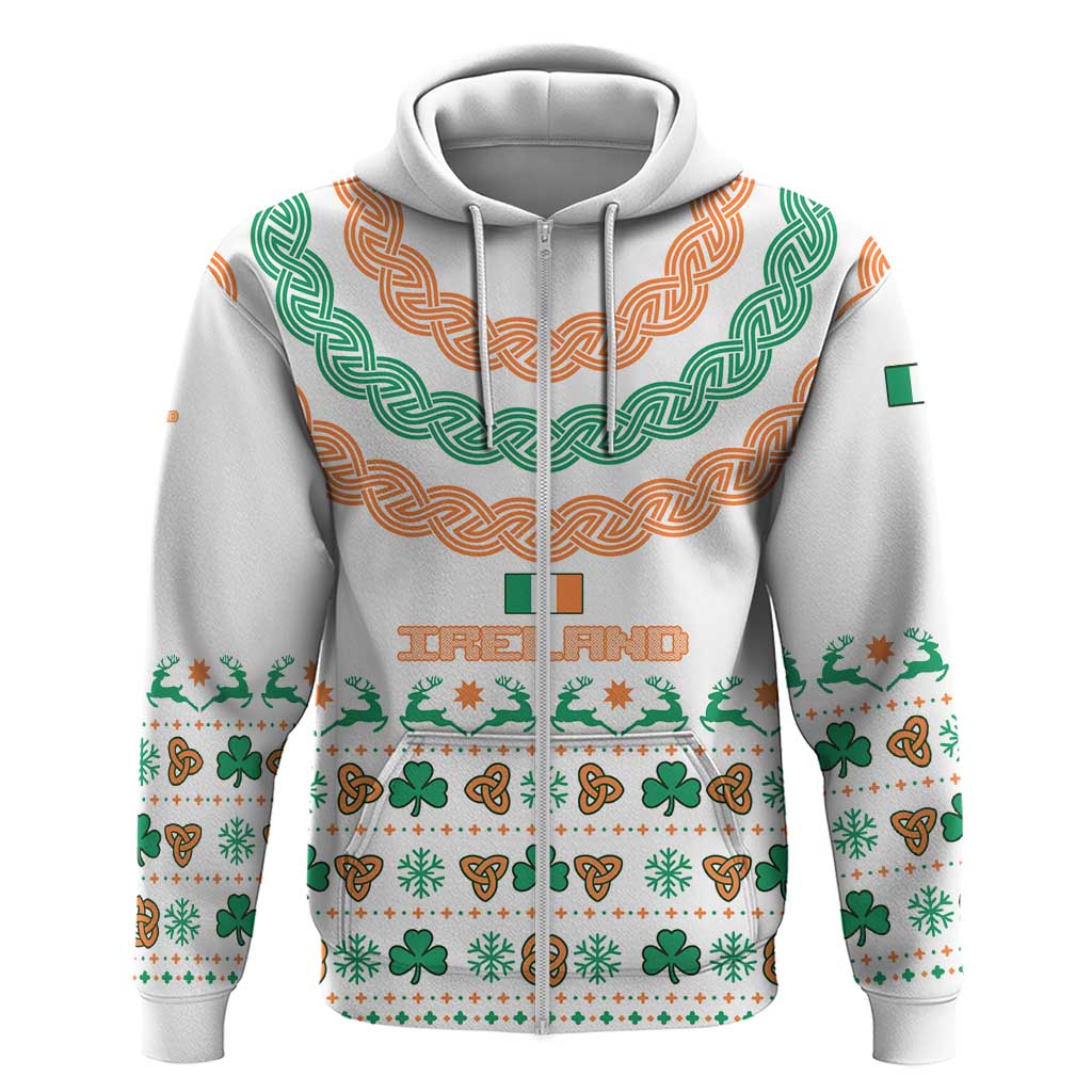 Ireland Christmas Zip Hoodie with Celtic Knot Shamrock and Tricolor Holiday Pattern - Wonder Print Shop