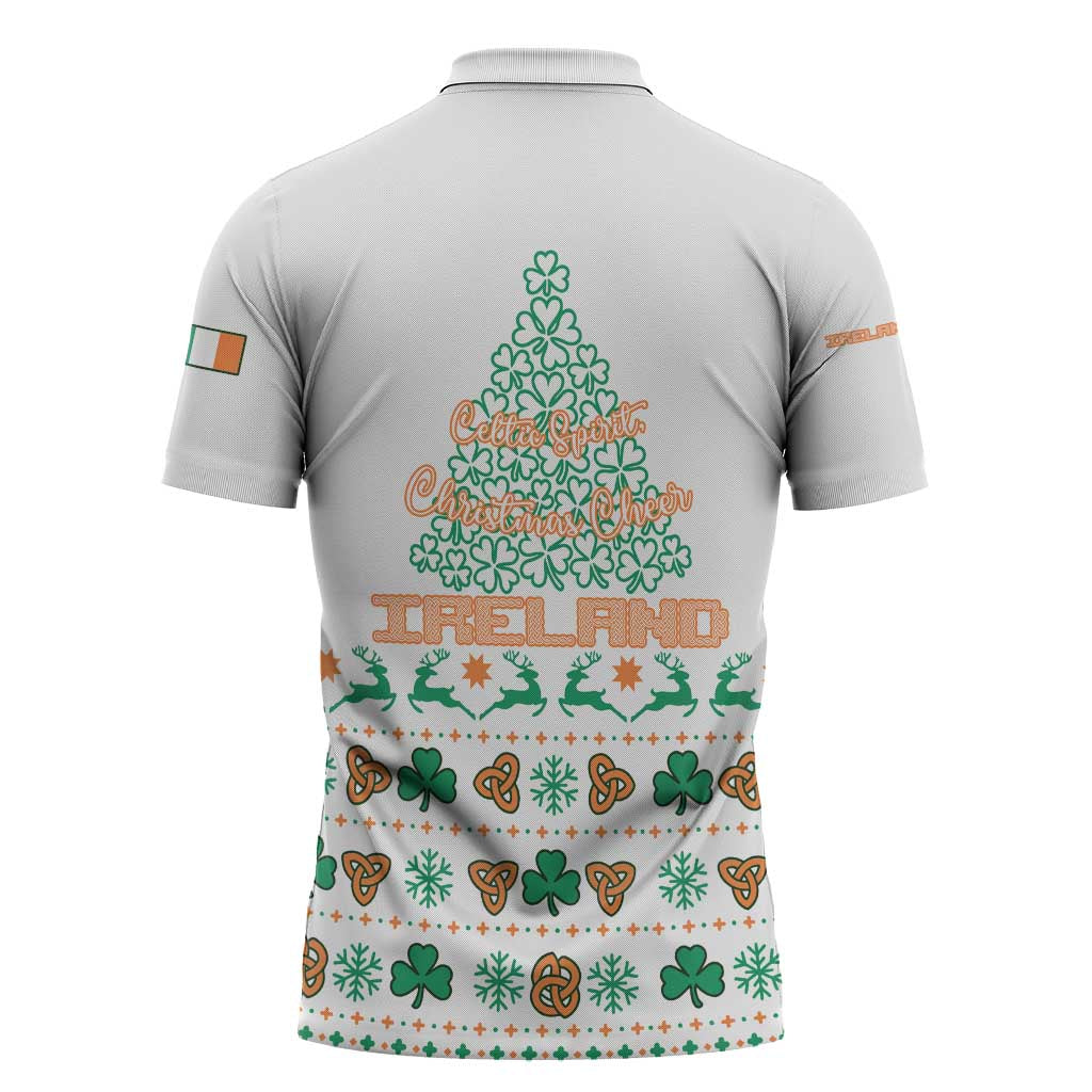 Ireland Christmas Zipper Polo Shirt with Celtic Knot Shamrock and Tricolor Holiday Pattern - Wonder Print Shop