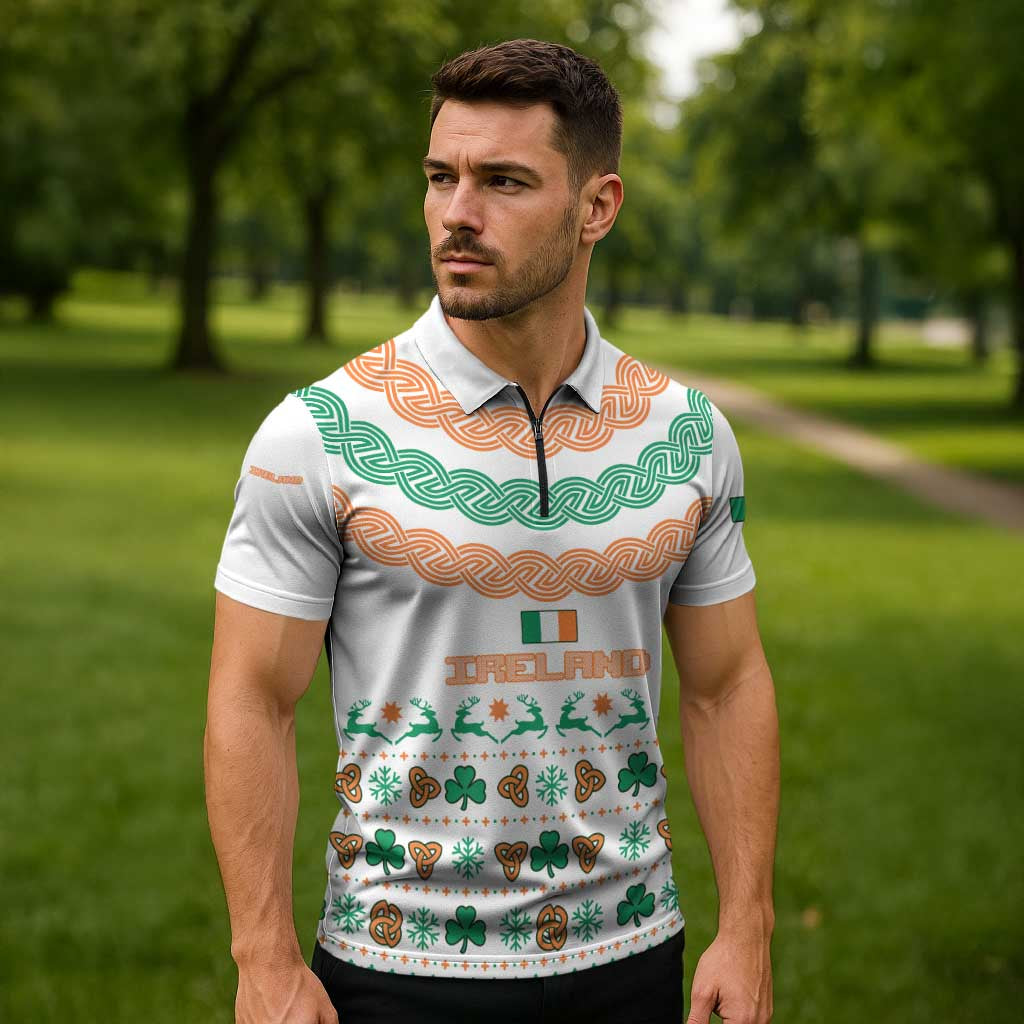 Ireland Christmas Zipper Polo Shirt with Celtic Knot Shamrock and Tricolor Holiday Pattern - Wonder Print Shop