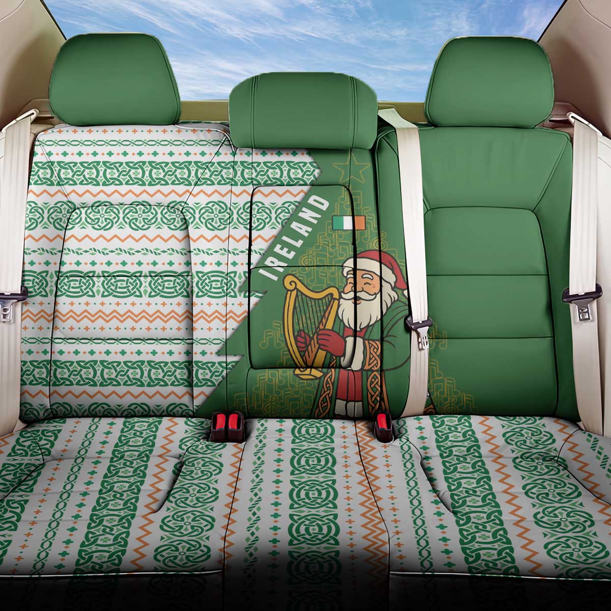 Ireland Christmas Back Car Seat Cover with Celtic Harp Santa and Green Holiday Pattern - Wonder Print Shop