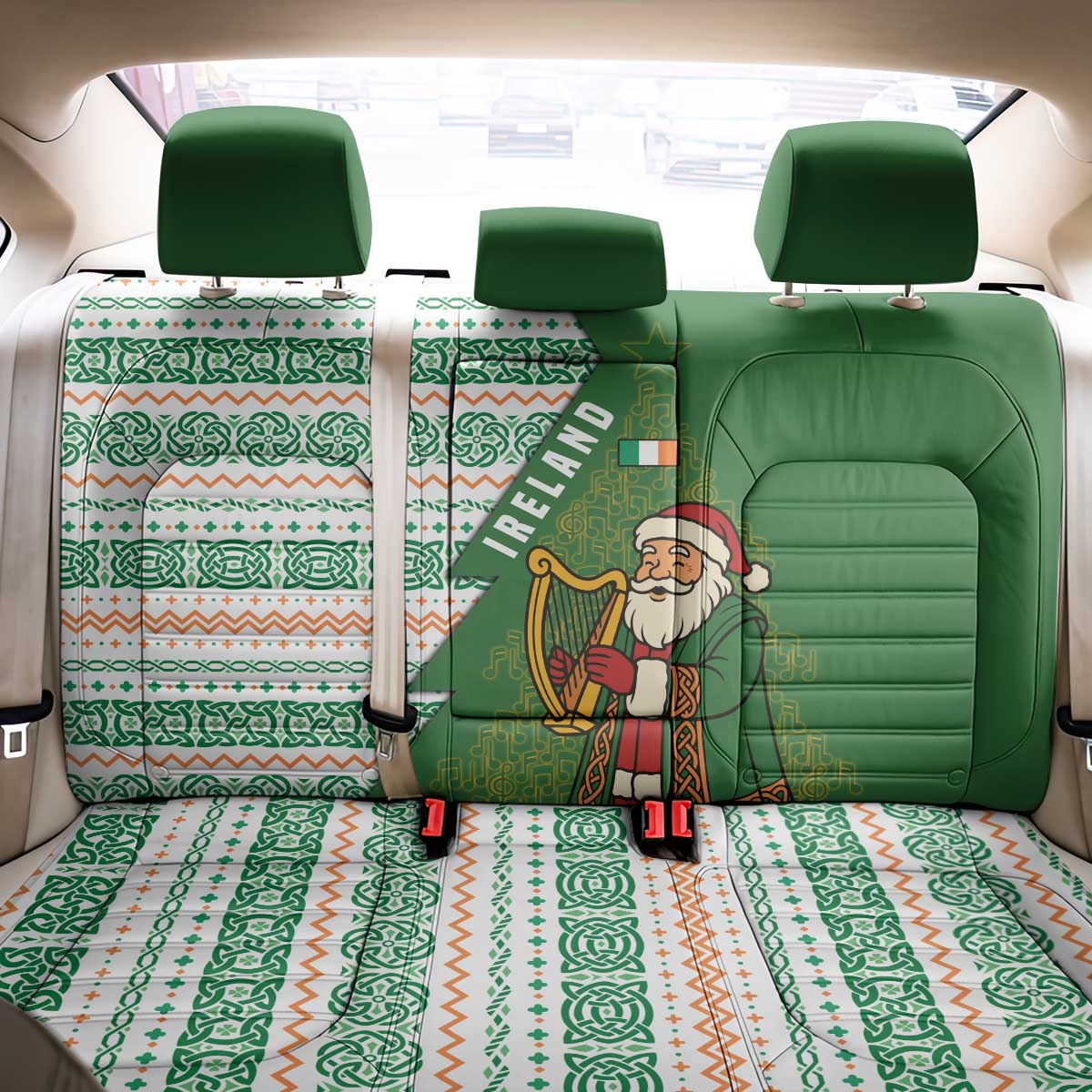 Ireland Christmas Back Car Seat Cover with Celtic Harp Santa and Green Holiday Pattern - Wonder Print Shop