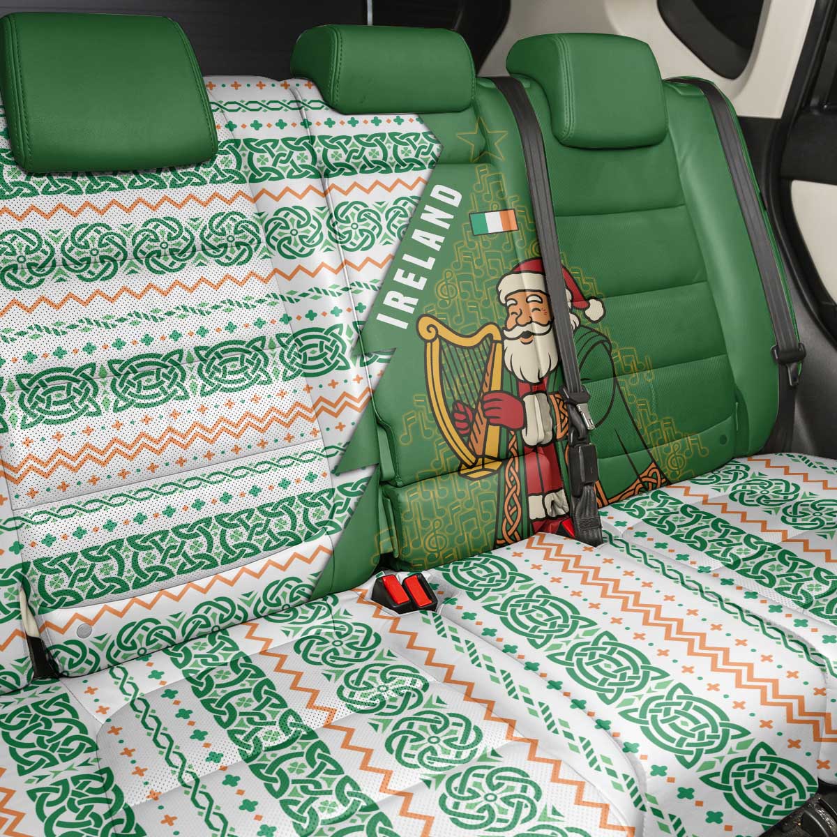 Ireland Christmas Back Car Seat Cover with Celtic Harp Santa and Green Holiday Pattern - Wonder Print Shop