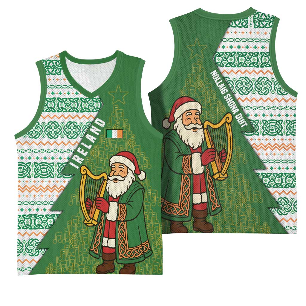 Ireland Christmas Basketball Jersey with Celtic Harp Santa and Green Holiday Pattern - Wonder Print Shop