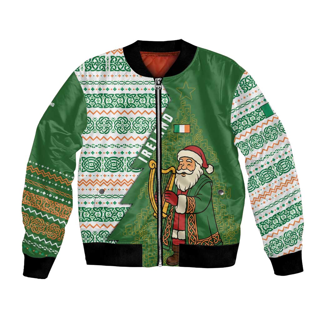 Ireland Christmas Bomber Jacket with Celtic Harp Santa and Green Holiday Pattern - Wonder Print Shop