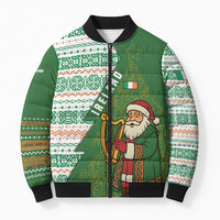 Ireland Christmas Bomber Puffer Jacket with Celtic Harp Santa and Green Holiday Pattern - Wonder Print Shop