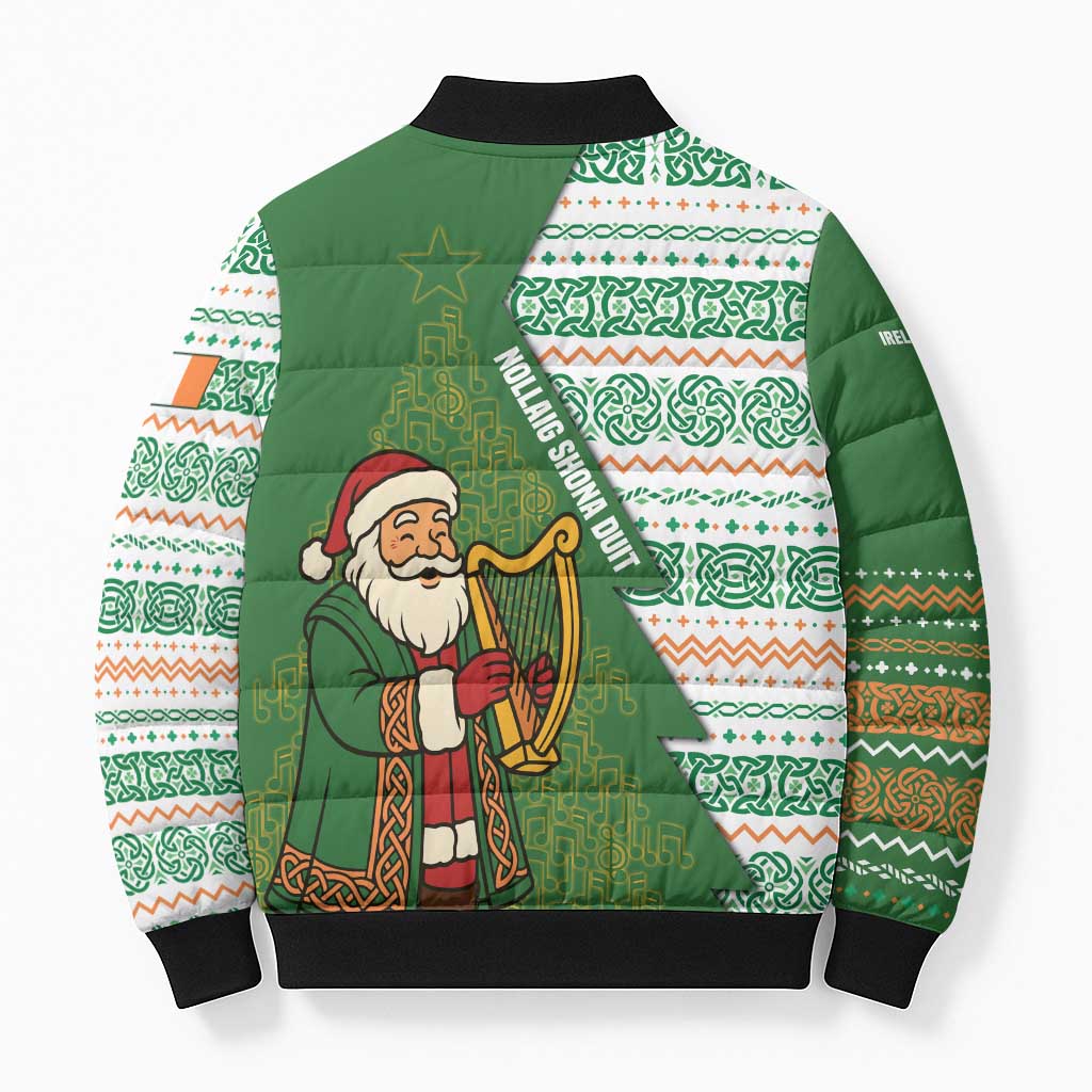 Ireland Christmas Bomber Puffer Jacket with Celtic Harp Santa and Green Holiday Pattern - Wonder Print Shop