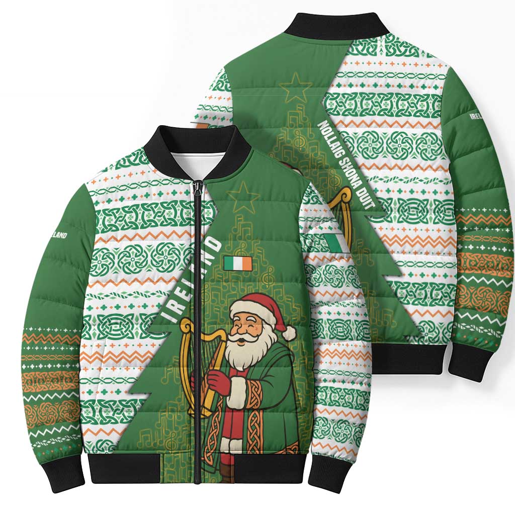 Ireland Christmas Bomber Puffer Jacket with Celtic Harp Santa and Green Holiday Pattern - Wonder Print Shop