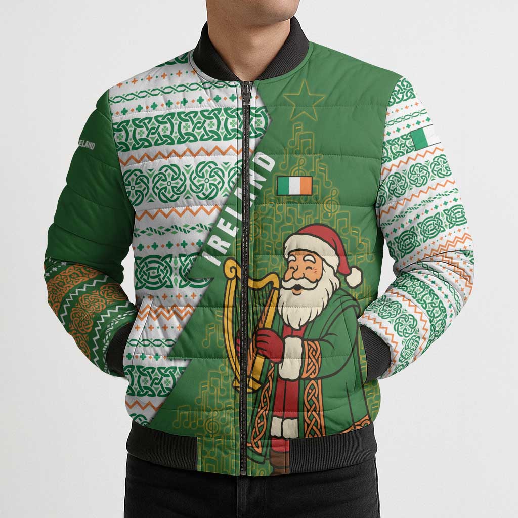 Ireland Christmas Bomber Puffer Jacket with Celtic Harp Santa and Green Holiday Pattern - Wonder Print Shop