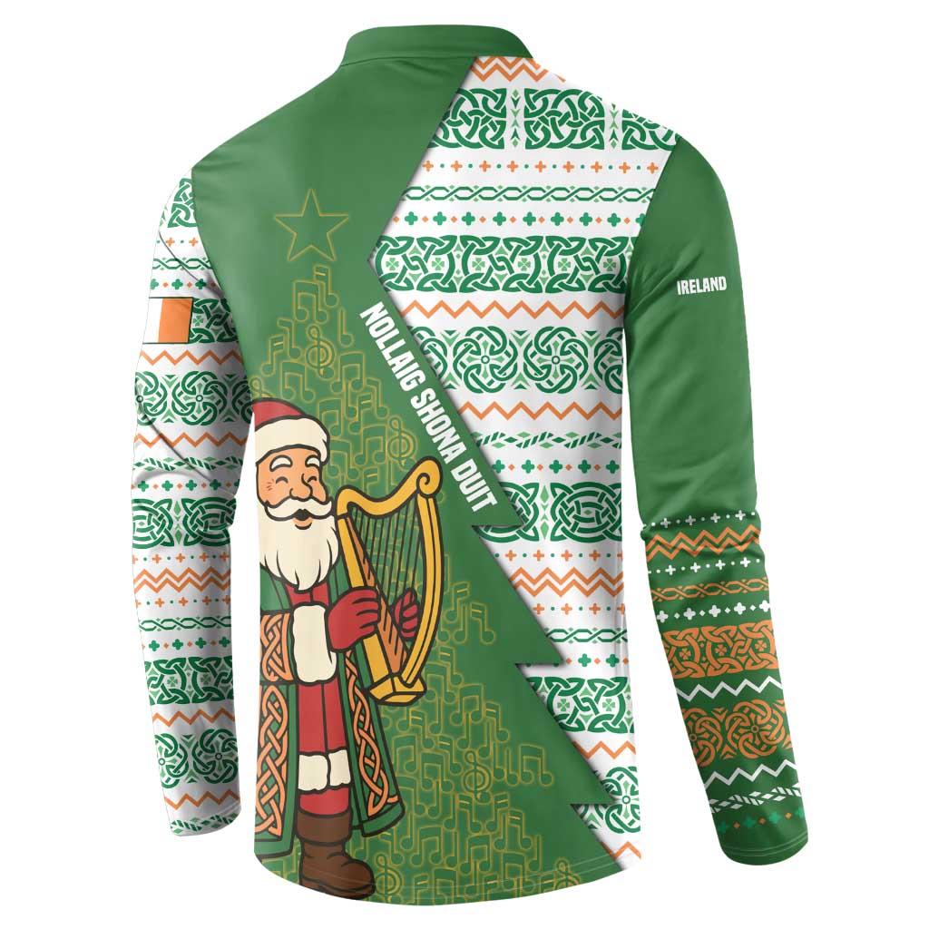 Ireland Christmas Button Sweatshirt with Celtic Harp Santa and Green Holiday Pattern - Wonder Print Shop
