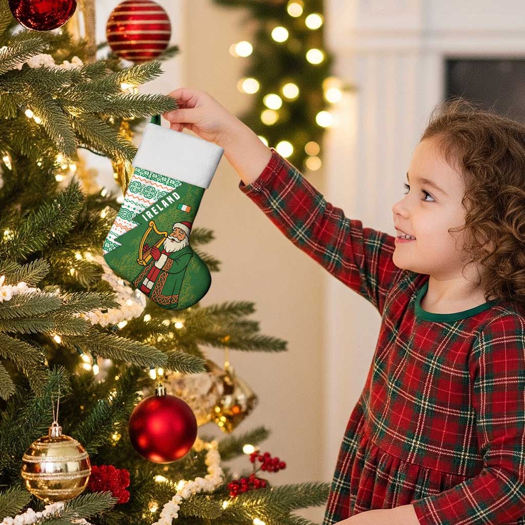 Ireland Christmas Stocking with Celtic Harp Santa and Green Holiday Pattern - Wonder Print Shop