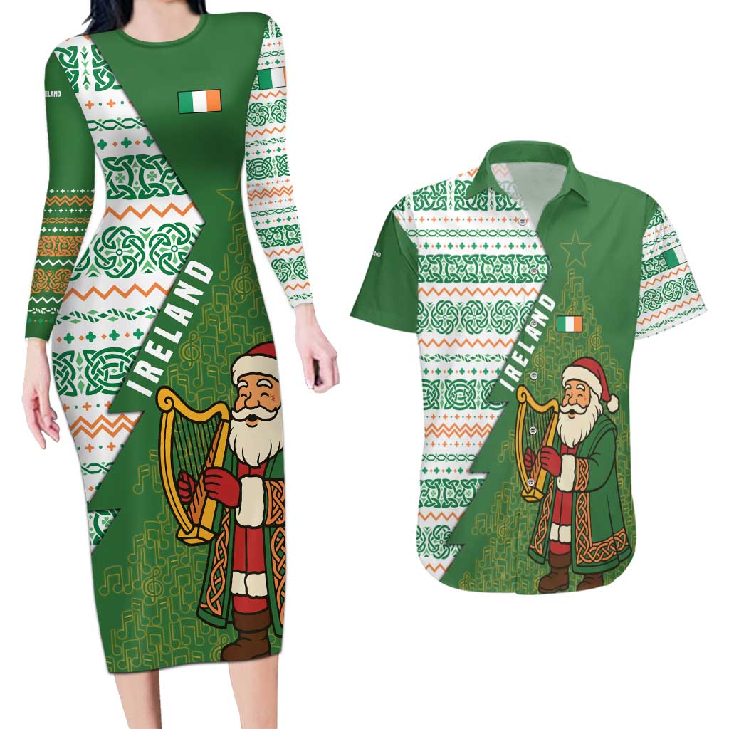 Ireland Christmas Couples Matching Long Sleeve Bodycon Dress and Hawaiian Shirt with Celtic Harp Santa and Green Holiday Pattern - Wonder Print Shop