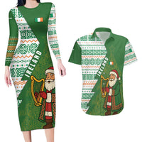 Ireland Christmas Couples Matching Long Sleeve Bodycon Dress and Hawaiian Shirt with Celtic Harp Santa and Green Holiday Pattern - Wonder Print Shop