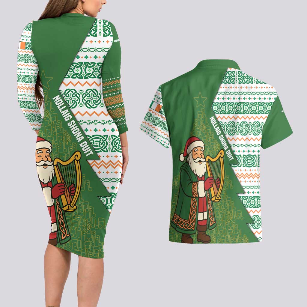 Ireland Christmas Couples Matching Long Sleeve Bodycon Dress and Hawaiian Shirt with Celtic Harp Santa and Green Holiday Pattern - Wonder Print Shop
