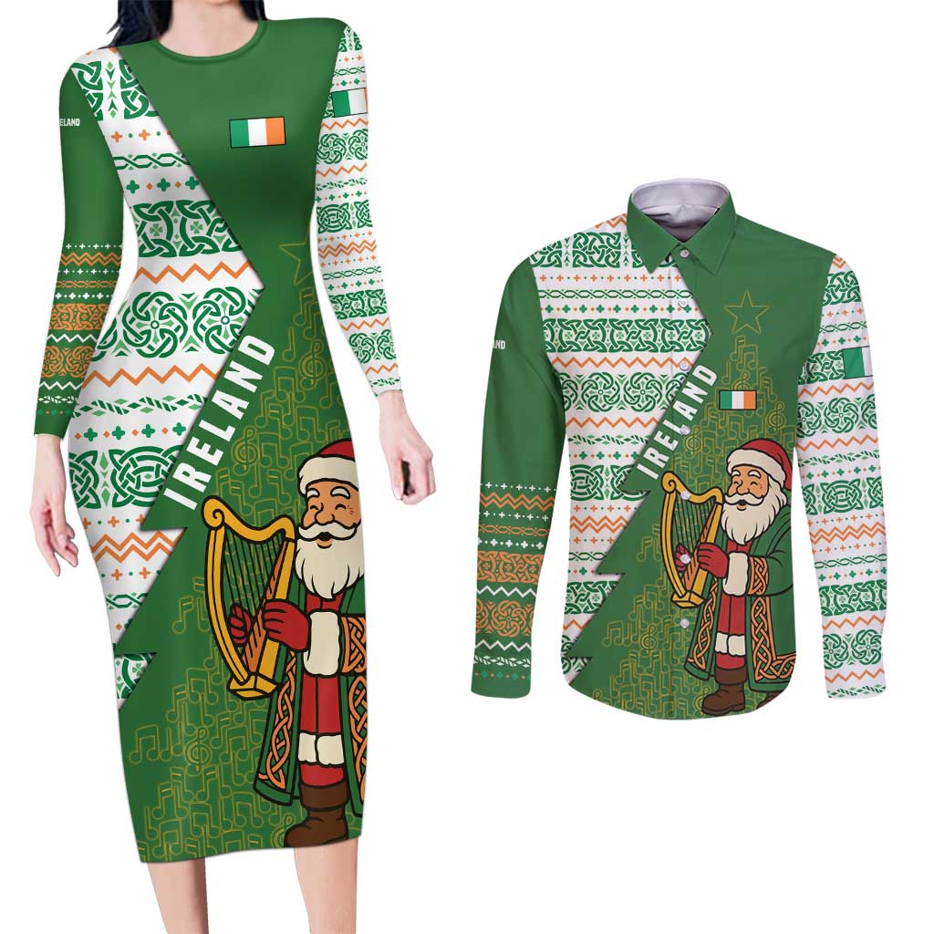 Ireland Christmas Couples Matching Long Sleeve Bodycon Dress and Long Sleeve Button Shirt with Celtic Harp Santa and Green Holiday Pattern - Wonder Print Shop