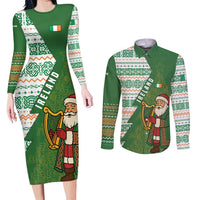 Ireland Christmas Couples Matching Long Sleeve Bodycon Dress and Long Sleeve Button Shirt with Celtic Harp Santa and Green Holiday Pattern - Wonder Print Shop