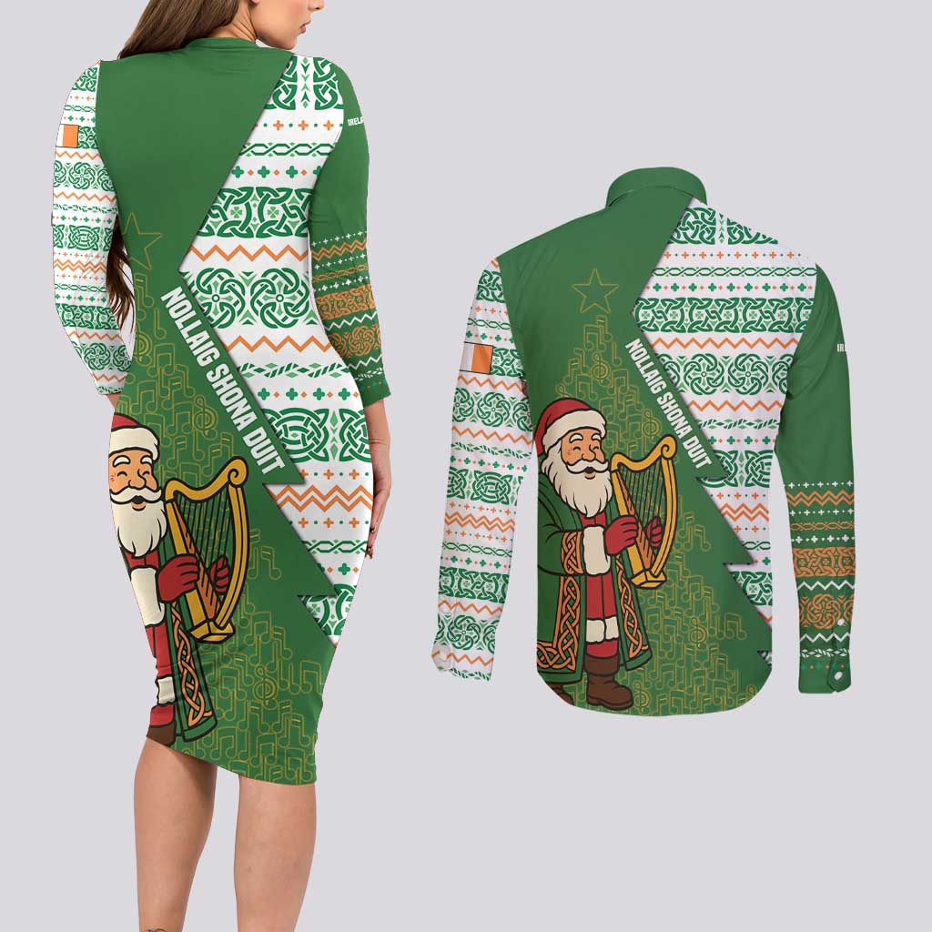 Ireland Christmas Couples Matching Long Sleeve Bodycon Dress and Long Sleeve Button Shirt with Celtic Harp Santa and Green Holiday Pattern - Wonder Print Shop