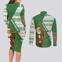 Ireland Christmas Couples Matching Long Sleeve Bodycon Dress and Long Sleeve Button Shirt with Celtic Harp Santa and Green Holiday Pattern - Wonder Print Shop