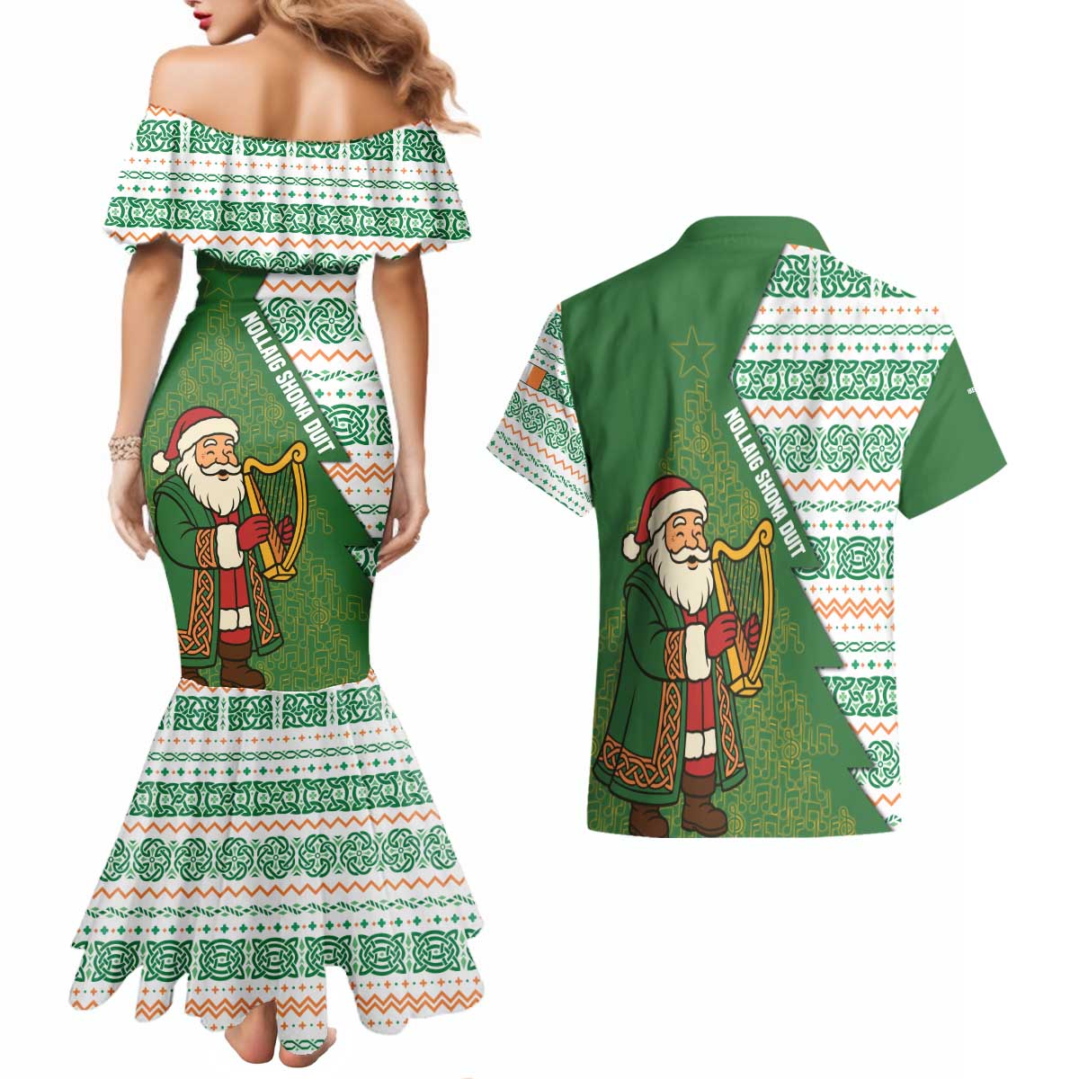 Ireland Christmas Couples Matching Mermaid Dress and Hawaiian Shirt with Celtic Harp Santa and Green Holiday Pattern - Wonder Print Shop