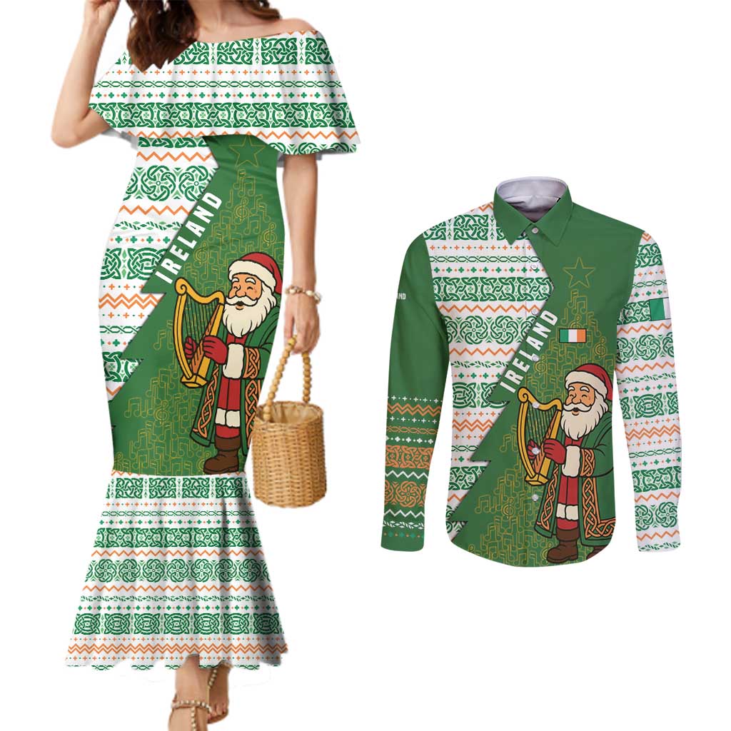 Ireland Christmas Couples Matching Mermaid Dress and Long Sleeve Button Shirt with Celtic Harp Santa and Green Holiday Pattern - Wonder Print Shop