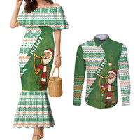 Ireland Christmas Couples Matching Mermaid Dress and Long Sleeve Button Shirt with Celtic Harp Santa and Green Holiday Pattern - Wonder Print Shop