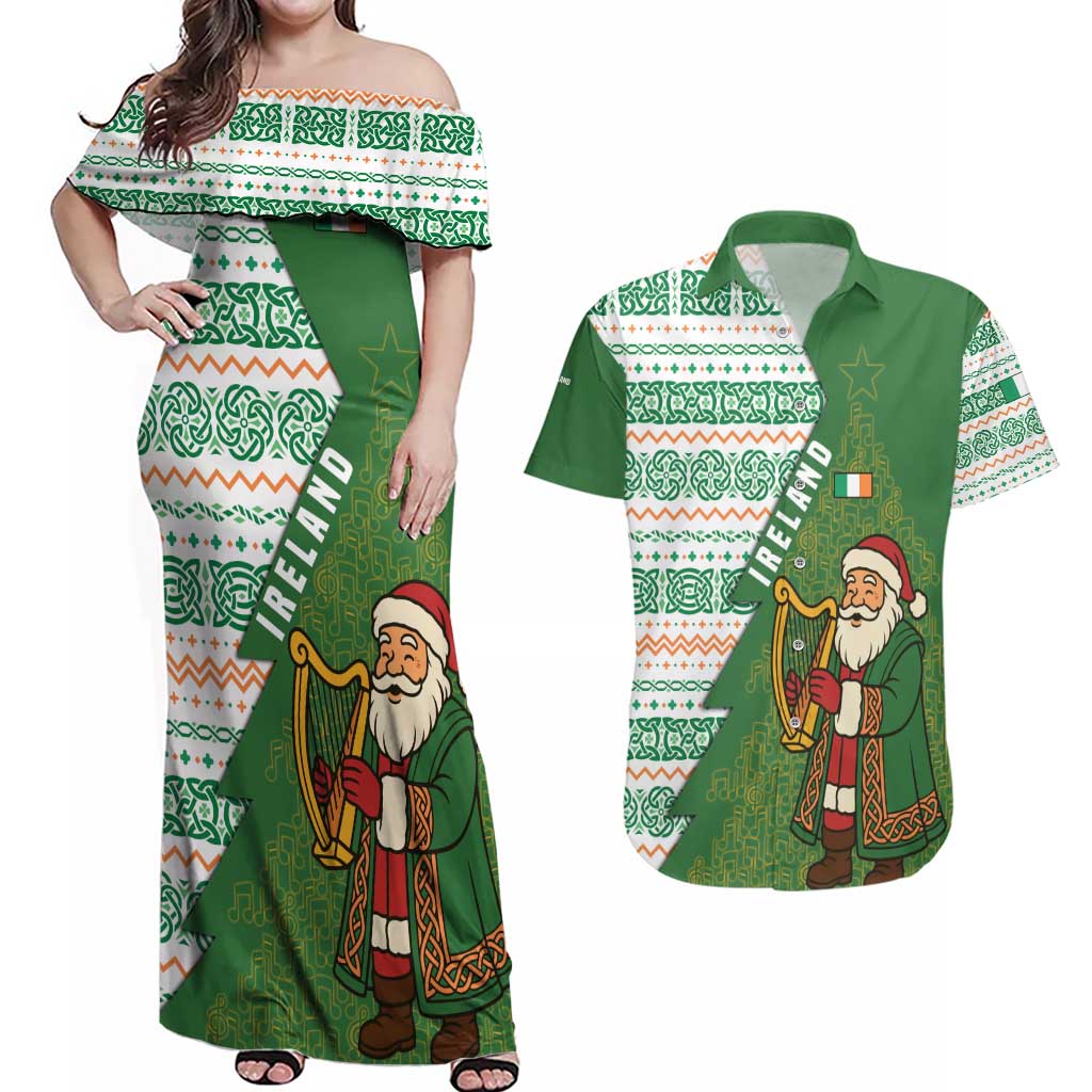 Ireland Christmas Couples Matching Off Shoulder Maxi Dress and Hawaiian Shirt with Celtic Harp Santa and Green Holiday Pattern - Wonder Print Shop