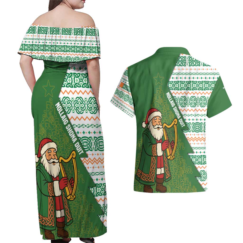Ireland Christmas Couples Matching Off Shoulder Maxi Dress and Hawaiian Shirt with Celtic Harp Santa and Green Holiday Pattern - Wonder Print Shop