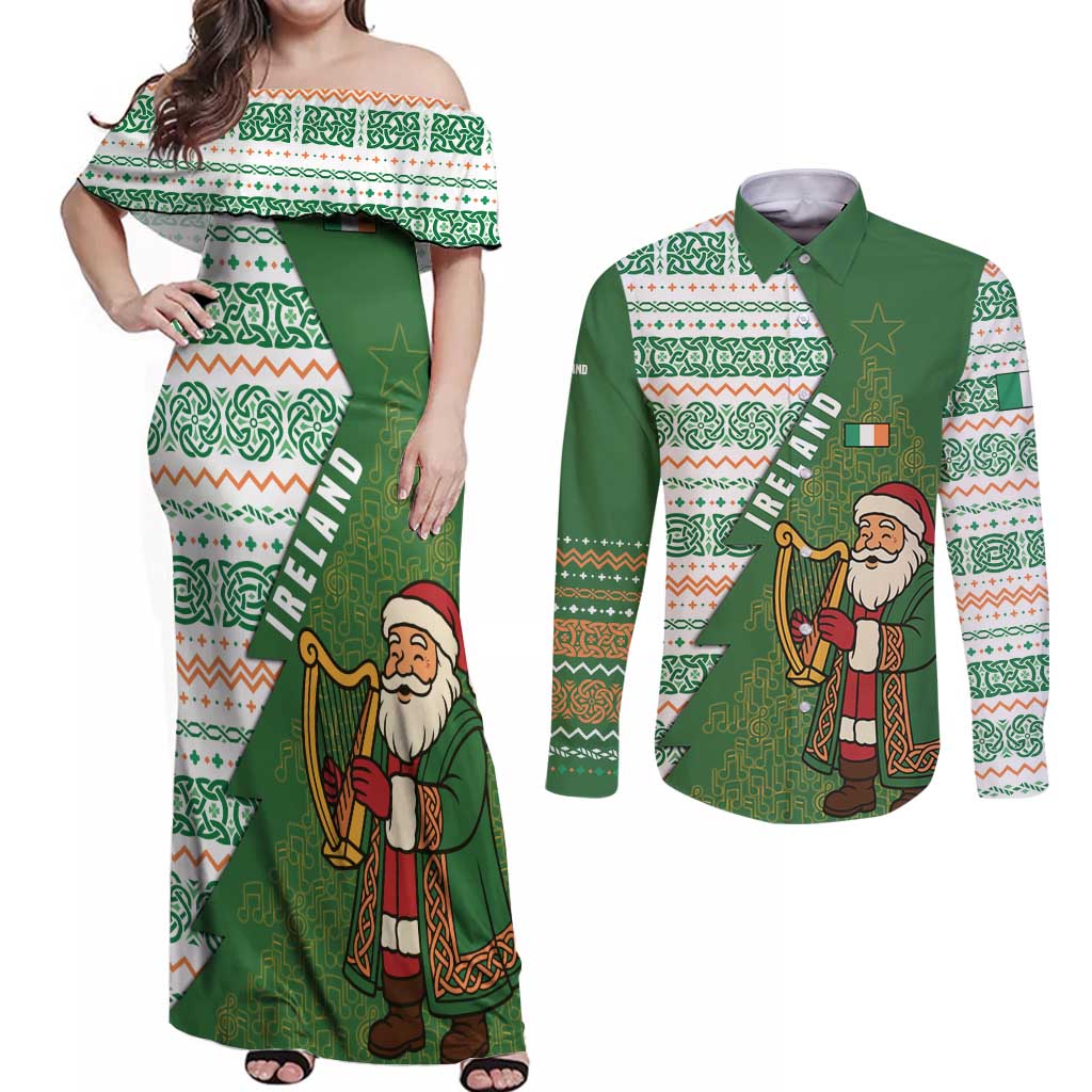 Ireland Christmas Couples Matching Off Shoulder Maxi Dress and Long Sleeve Button Shirt with Celtic Harp Santa and Green Holiday Pattern - Wonder Print Shop