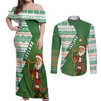 Ireland Christmas Couples Matching Off Shoulder Maxi Dress and Long Sleeve Button Shirt with Celtic Harp Santa and Green Holiday Pattern - Wonder Print Shop